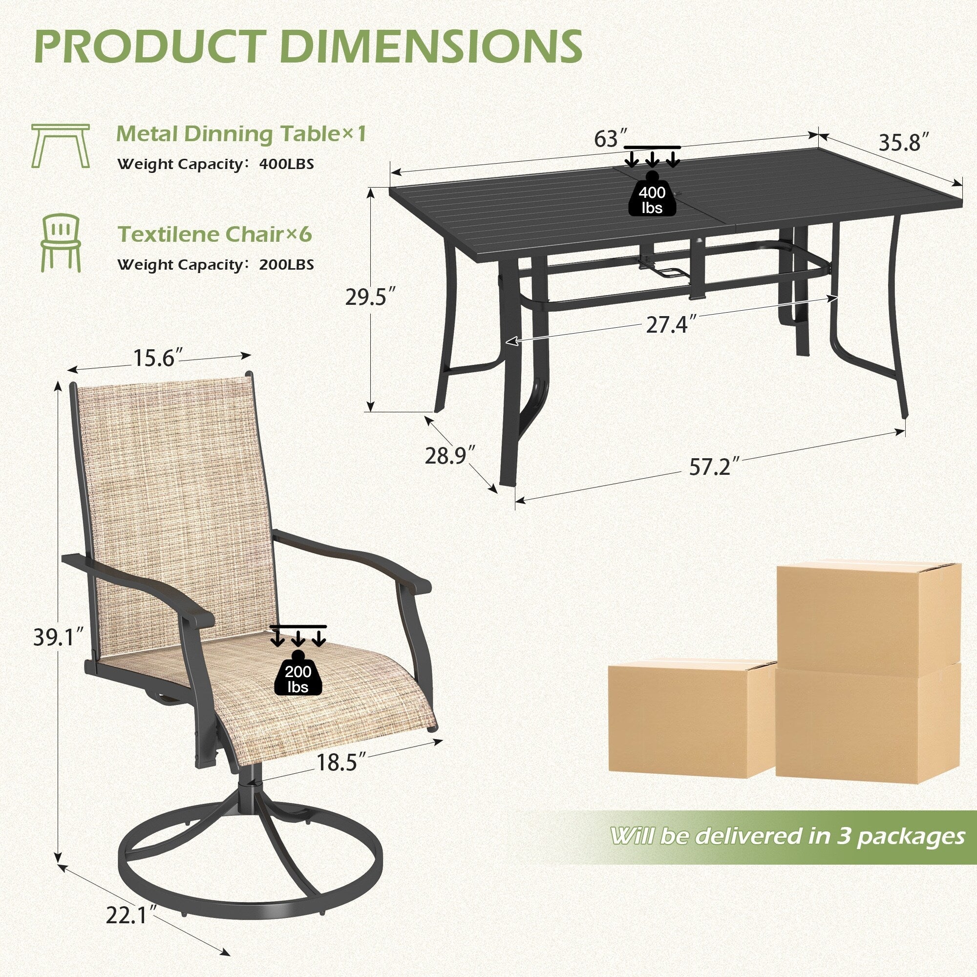 Ensemble de salle à manger pour patio, table et chaises d'extérieur avec chaises en textilène, trou pour parasol réglable pour jardin et arrière-cour