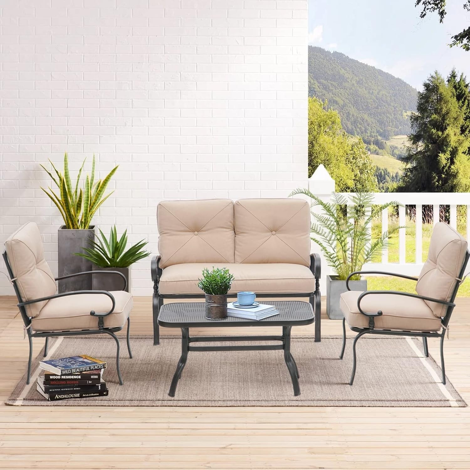 Ensemble de conversation en métal pour patio extérieur, 4 pièces