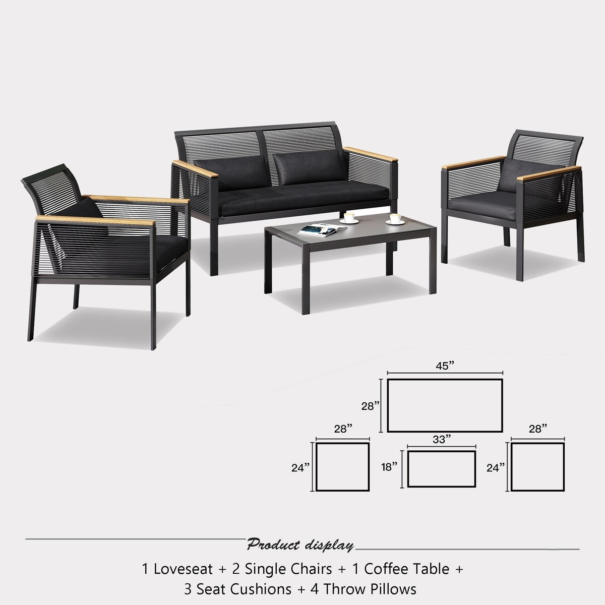 Ensemble de meubles de patio - Ensemble de conversation de patio en osier toutes saisons 4 pièces Ensemble de canapé d'extérieur noir avec coussins et chaises lavables