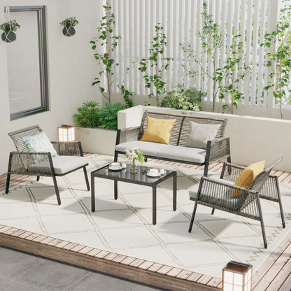 Ensemble de meubles de jardin - Canapé d'extérieur sectionnel en rotin et osier toutes saisons avec coussins moelleux