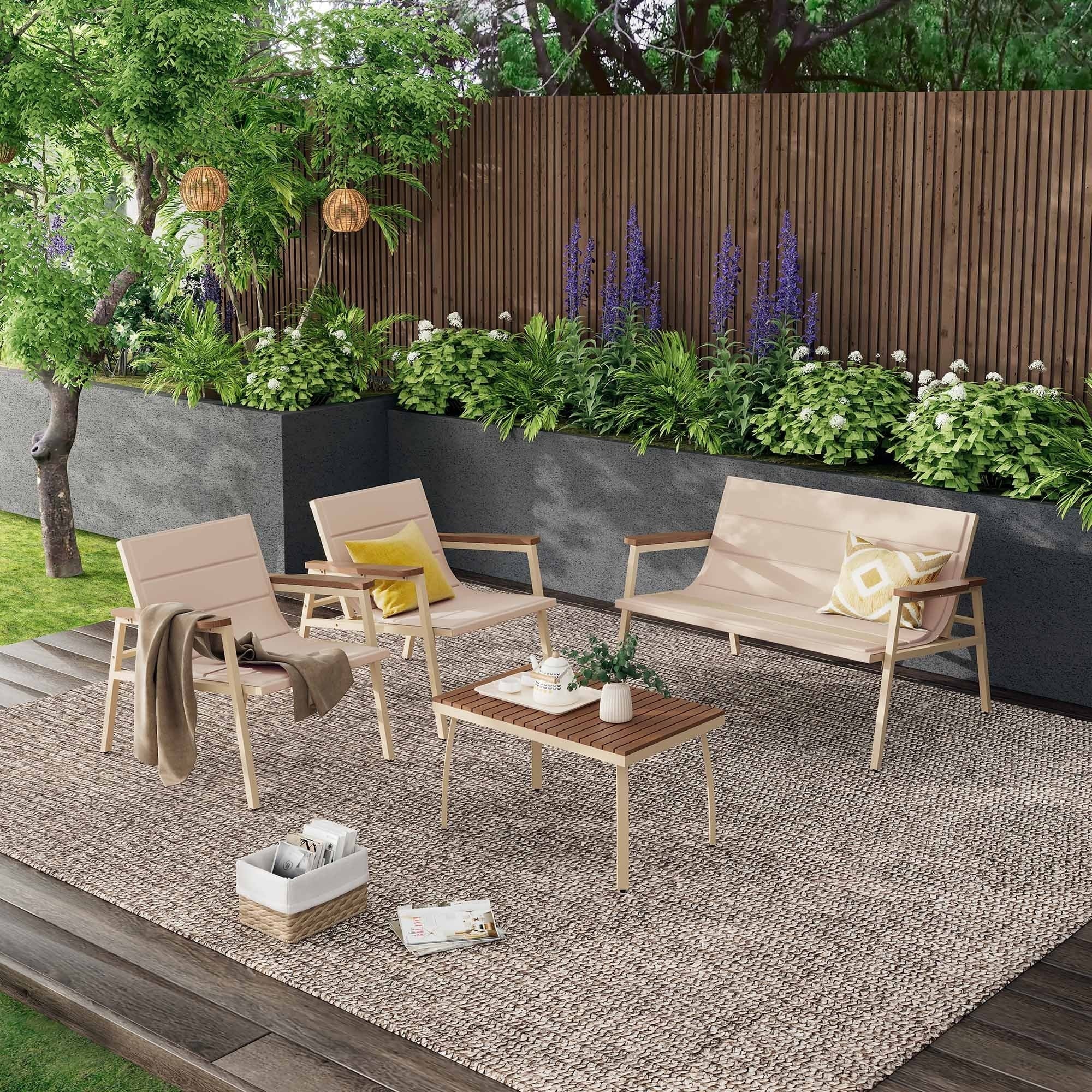 Ensemble de meubles de jardin 4 pièces avec coussins suspendus rembourrés pour terrasse, jardin, balcon, beige