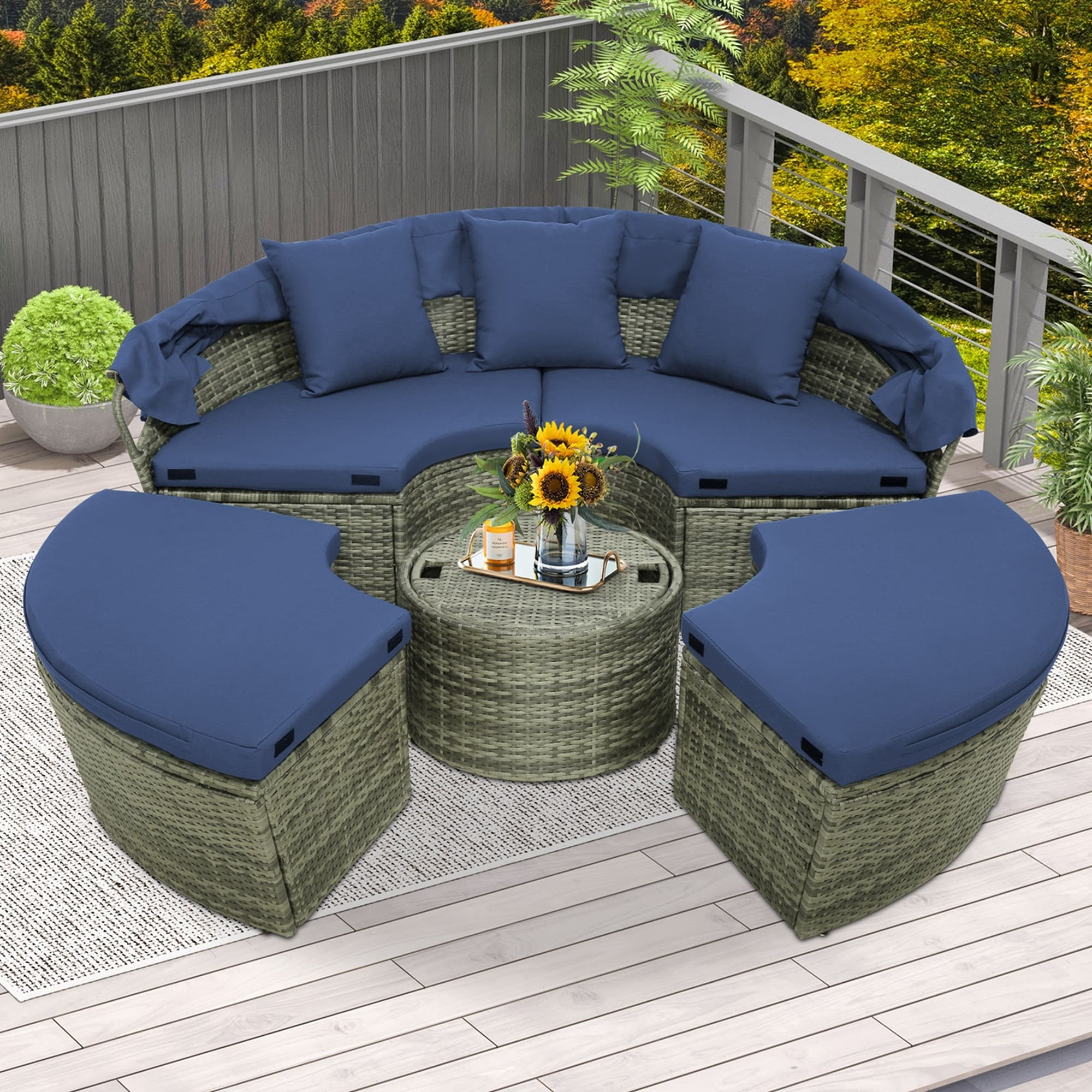 Lit de repos d'extérieur en rotin avec table d'appoint et auvent