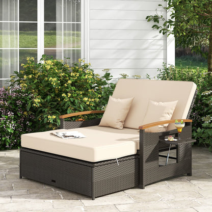 Ensemble de méridienne en rotin pour patio avec causeuse rembourrée et pouf de rangement