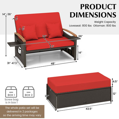 Ensemble de méridienne en rotin pour patio avec causeuse rembourrée et pouf de rangement