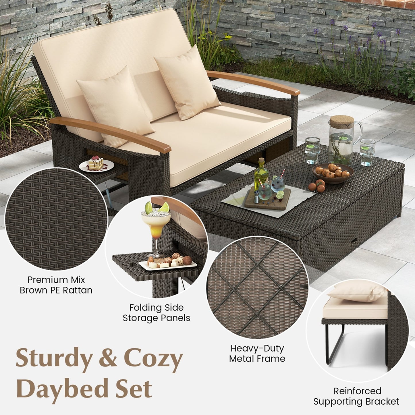 Ensemble de méridienne en rotin pour patio avec causeuse rembourrée et pouf de rangement