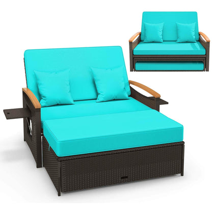 Ensemble de méridienne en rotin pour patio avec causeuse rembourrée et pouf de rangement