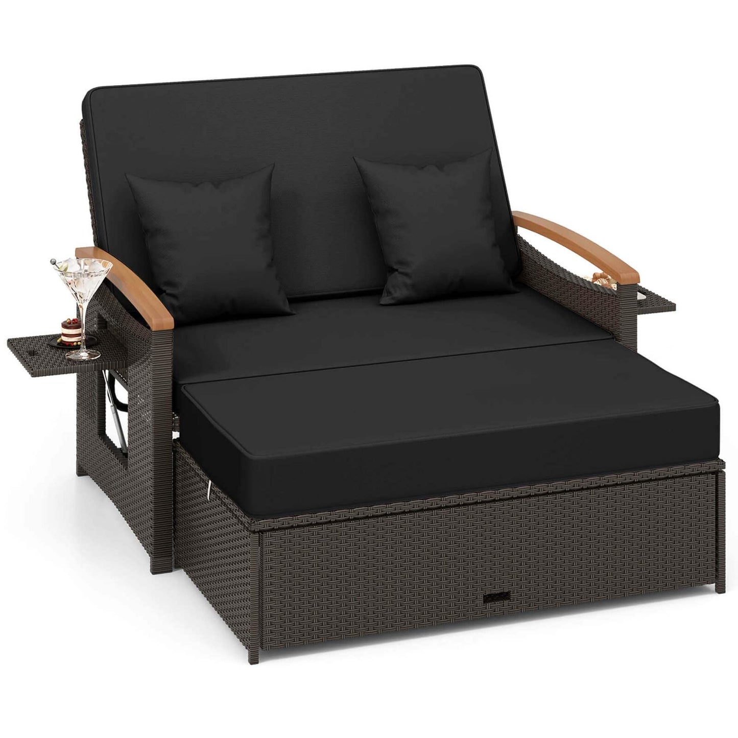 Ensemble de méridienne en rotin pour patio avec causeuse rembourrée et pouf de rangement