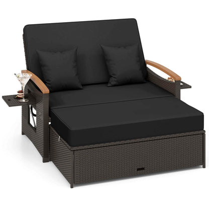 Ensemble de méridienne en rotin pour patio avec causeuse rembourrée et pouf de rangement