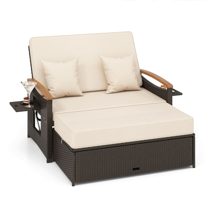 Ensemble de méridienne en rotin pour patio avec causeuse rembourrée et pouf de rangement