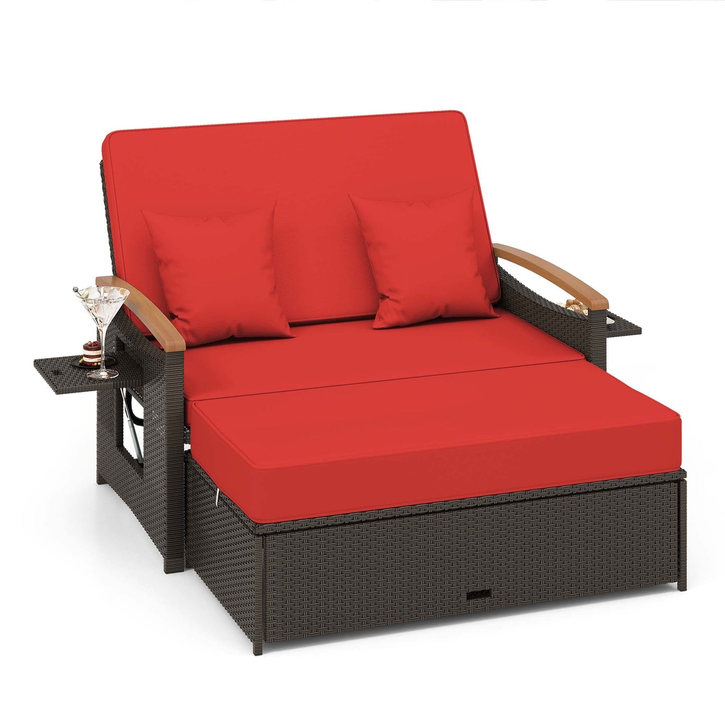 Ensemble de méridienne en rotin pour patio avec causeuse rembourrée et pouf de rangement