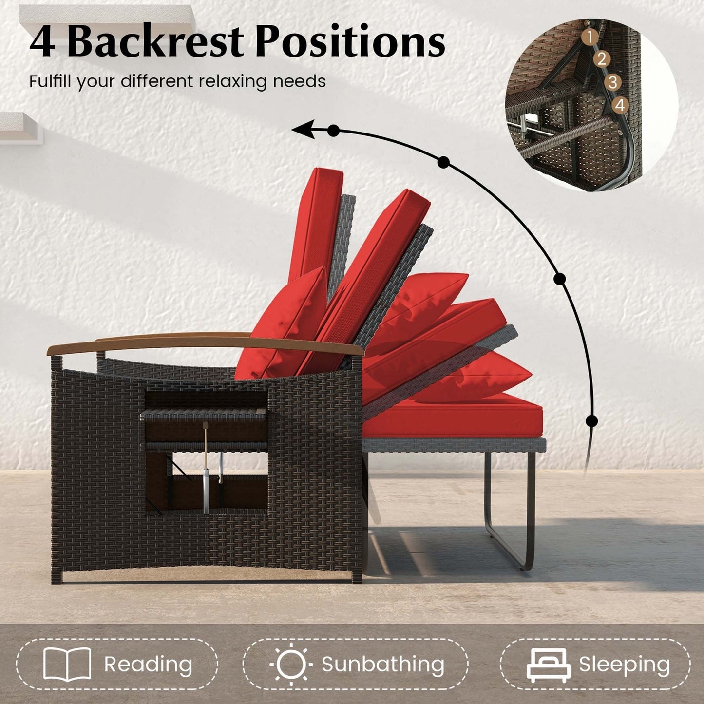 Ensemble de méridienne en rotin pour patio avec causeuse rembourrée et pouf de rangement