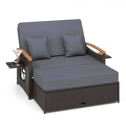 Ensemble de méridienne en rotin pour patio avec causeuse rembourrée et pouf de rangement