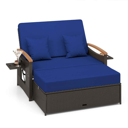 Ensemble de méridienne en rotin pour patio avec causeuse rembourrée et pouf de rangement