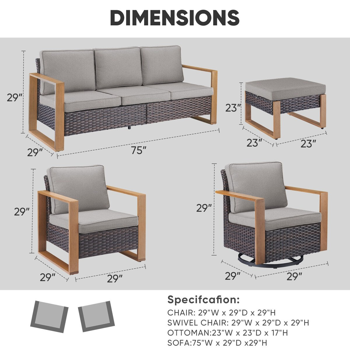 Canapé de patio avec fauteuil à bascule, poufs et table basse - Marron