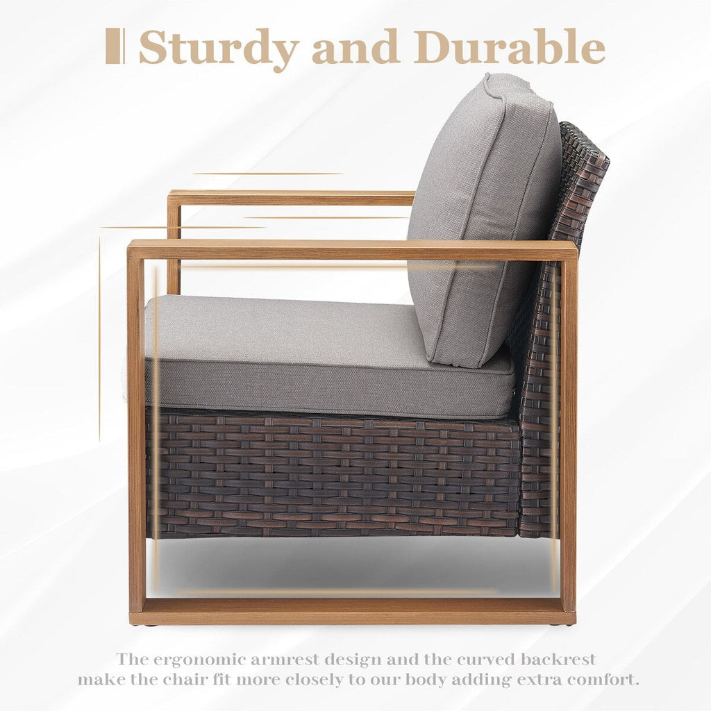 Canapé de patio avec fauteuil à bascule, poufs et table basse - Marron