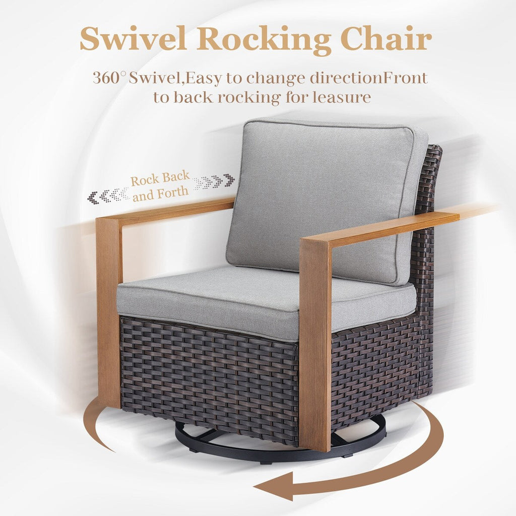 Canapé de patio avec fauteuil à bascule, poufs et table basse - Marron