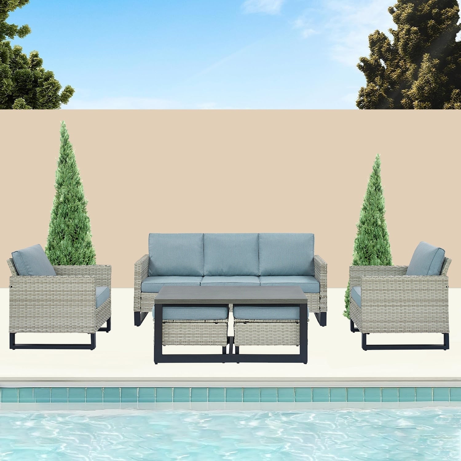 Ensemble de 6 canapés d'extérieur avec chaise et pouf