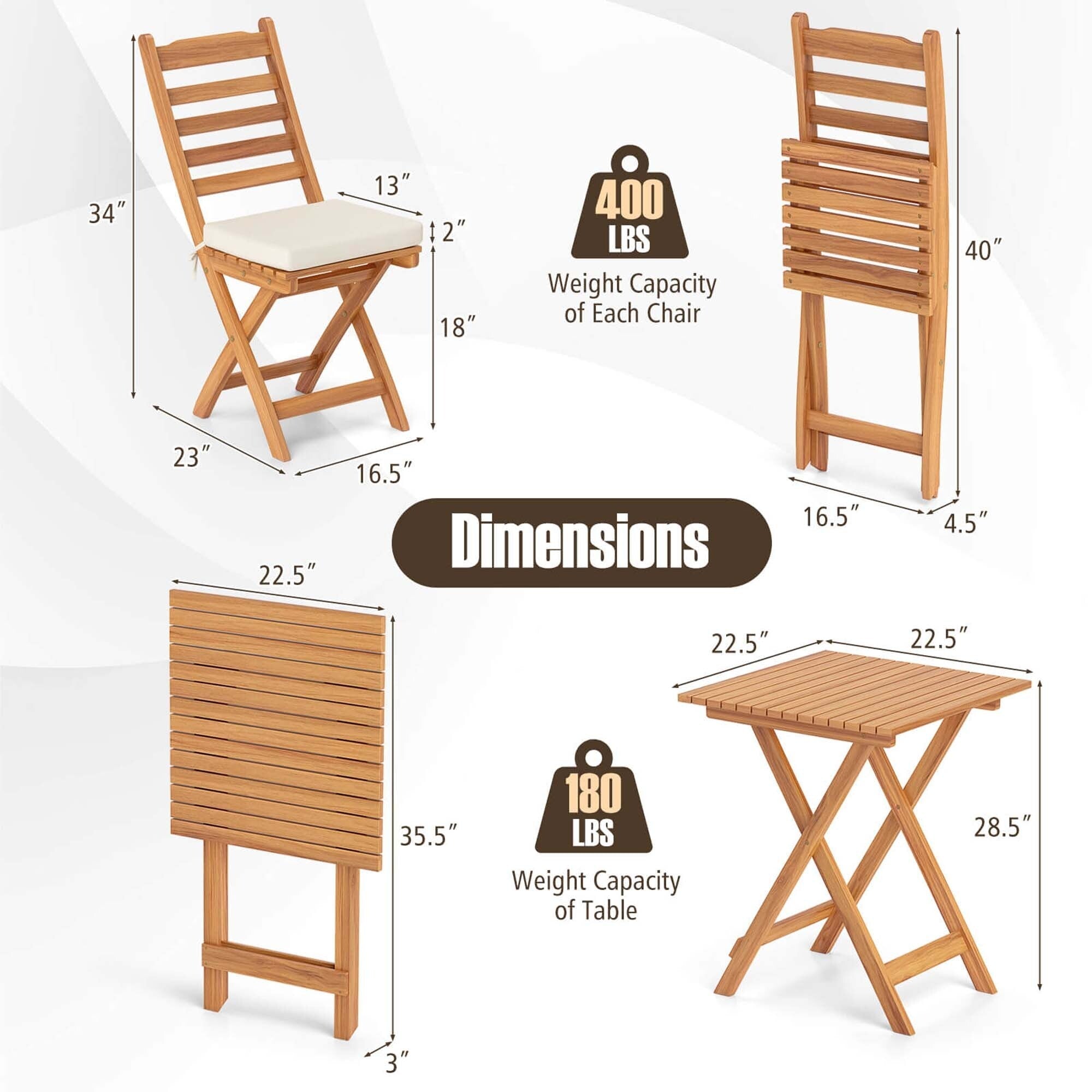 Ensemble bistrot pliant 3 pièces Patiojoy avec coussins amovibles - Voir les détails