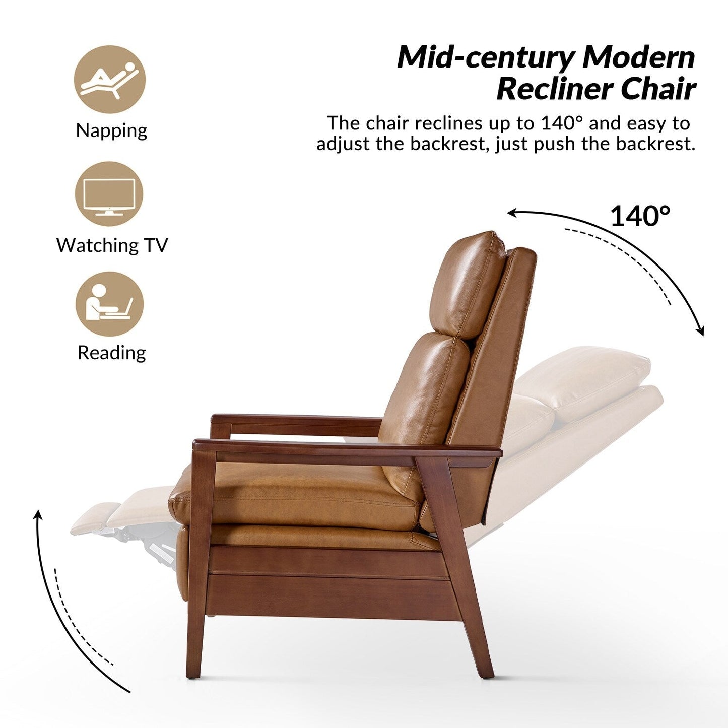 Fauteuil inclinable en cuir végétalien et bois massif Patrick, style milieu du siècle, par HULALA HOME
