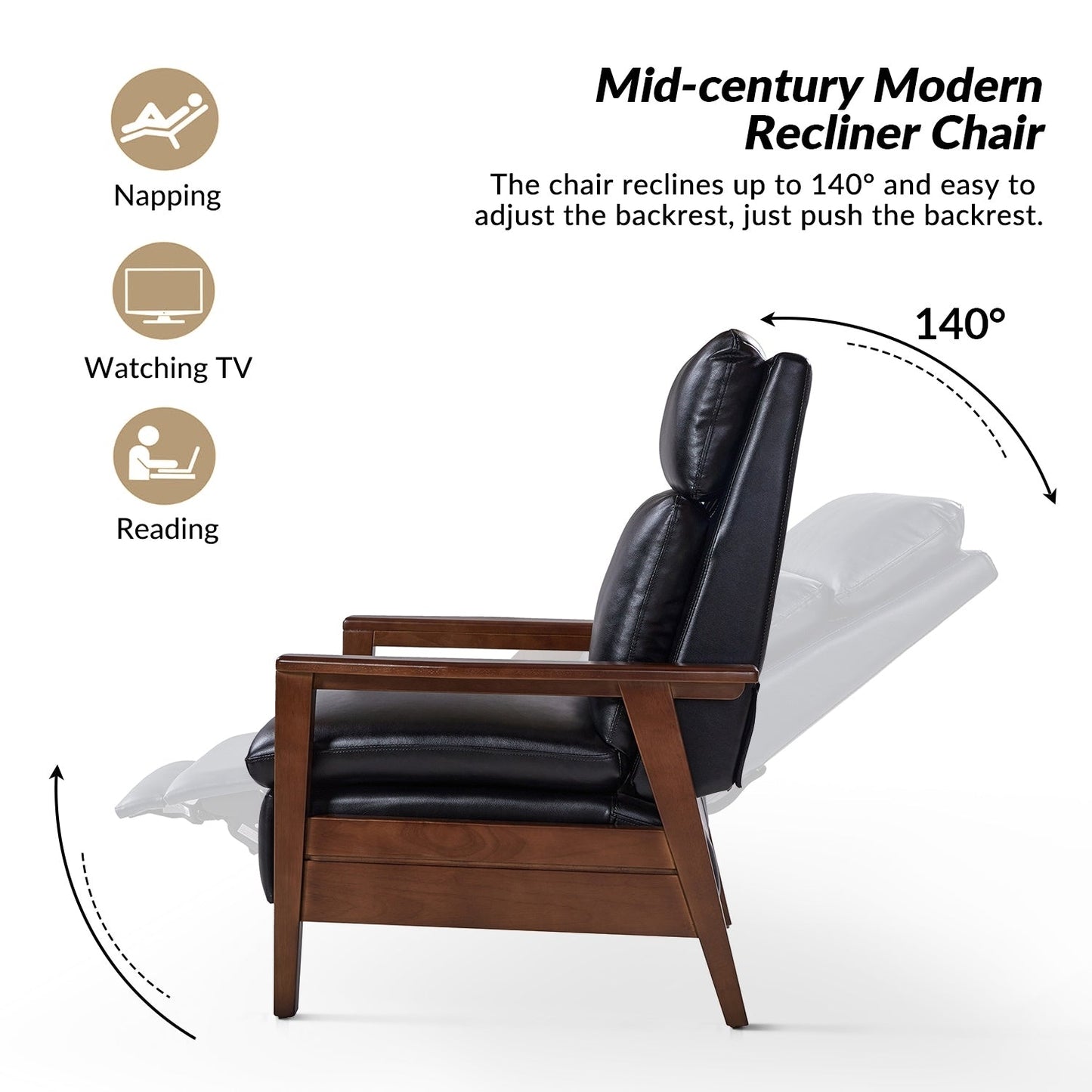 Fauteuil inclinable en cuir végétalien et bois massif Patrick, style milieu du siècle, par HULALA HOME