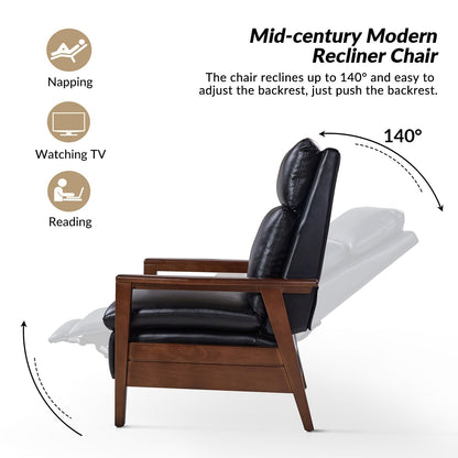 Fauteuil inclinable en cuir végétalien et bois massif Patrick, style milieu du siècle, par HULALA HOME