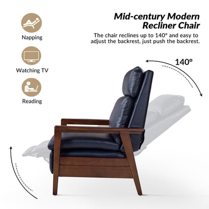 Fauteuil inclinable en cuir végétalien et bois massif Patrick, style milieu du siècle, par HULALA HOME