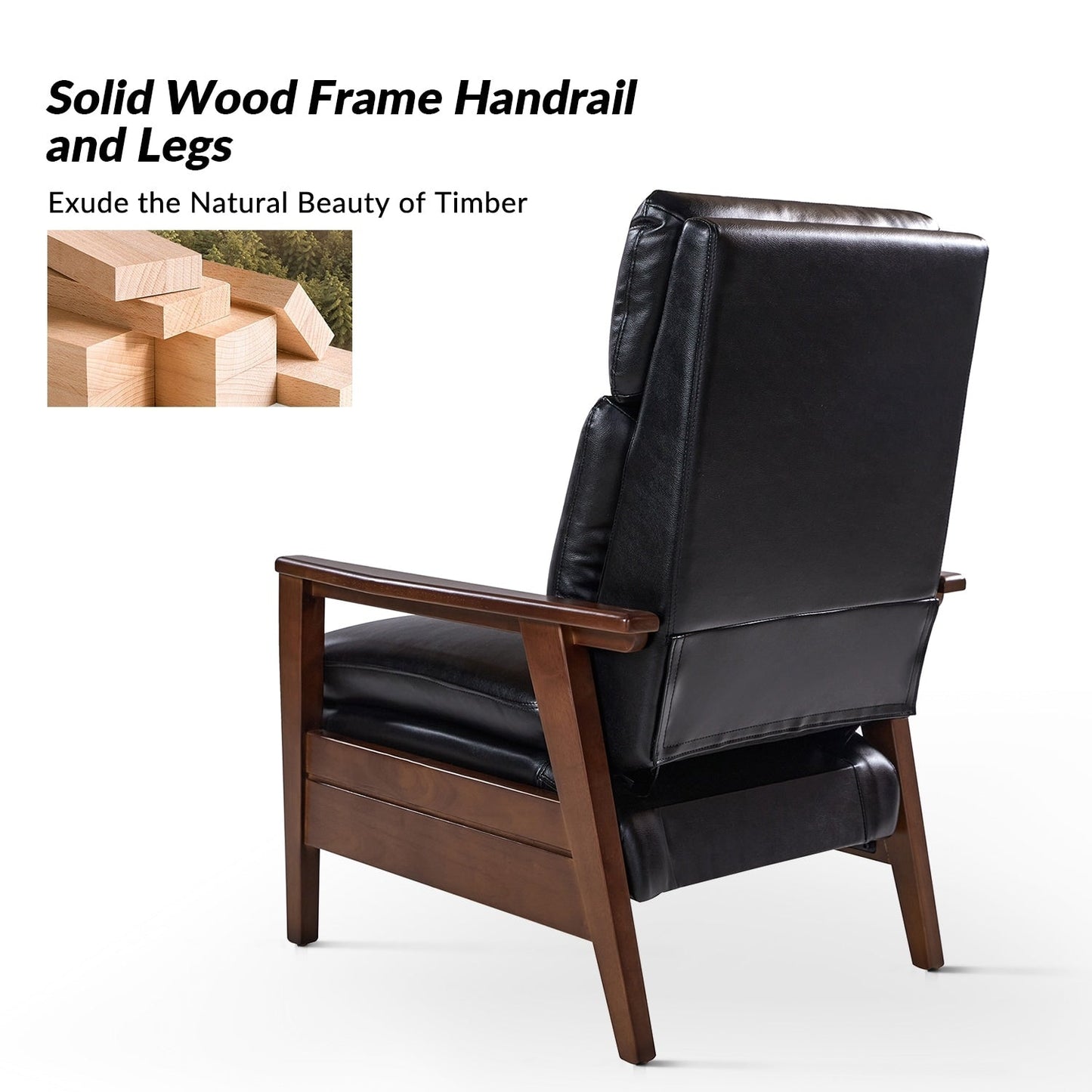 Fauteuil inclinable en cuir végétalien et bois massif Patrick, style milieu du siècle, par HULALA HOME
