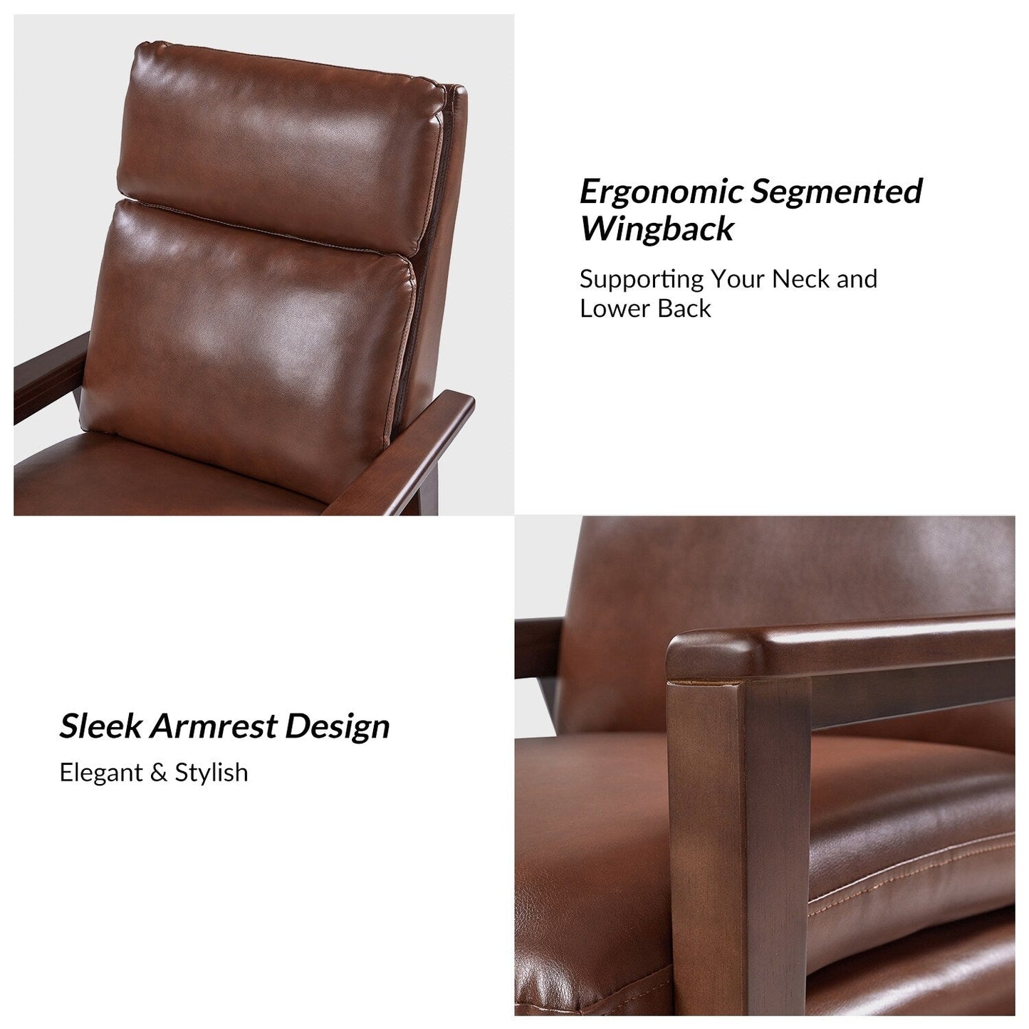 Fauteuil inclinable en cuir végétalien et bois massif Patrick, style milieu du siècle, par HULALA HOME