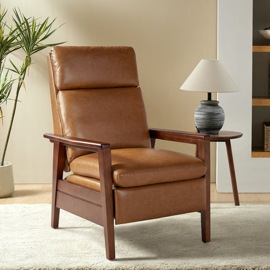 Fauteuil inclinable en cuir végétalien et bois massif Patrick, style milieu du siècle, par HULALA HOME