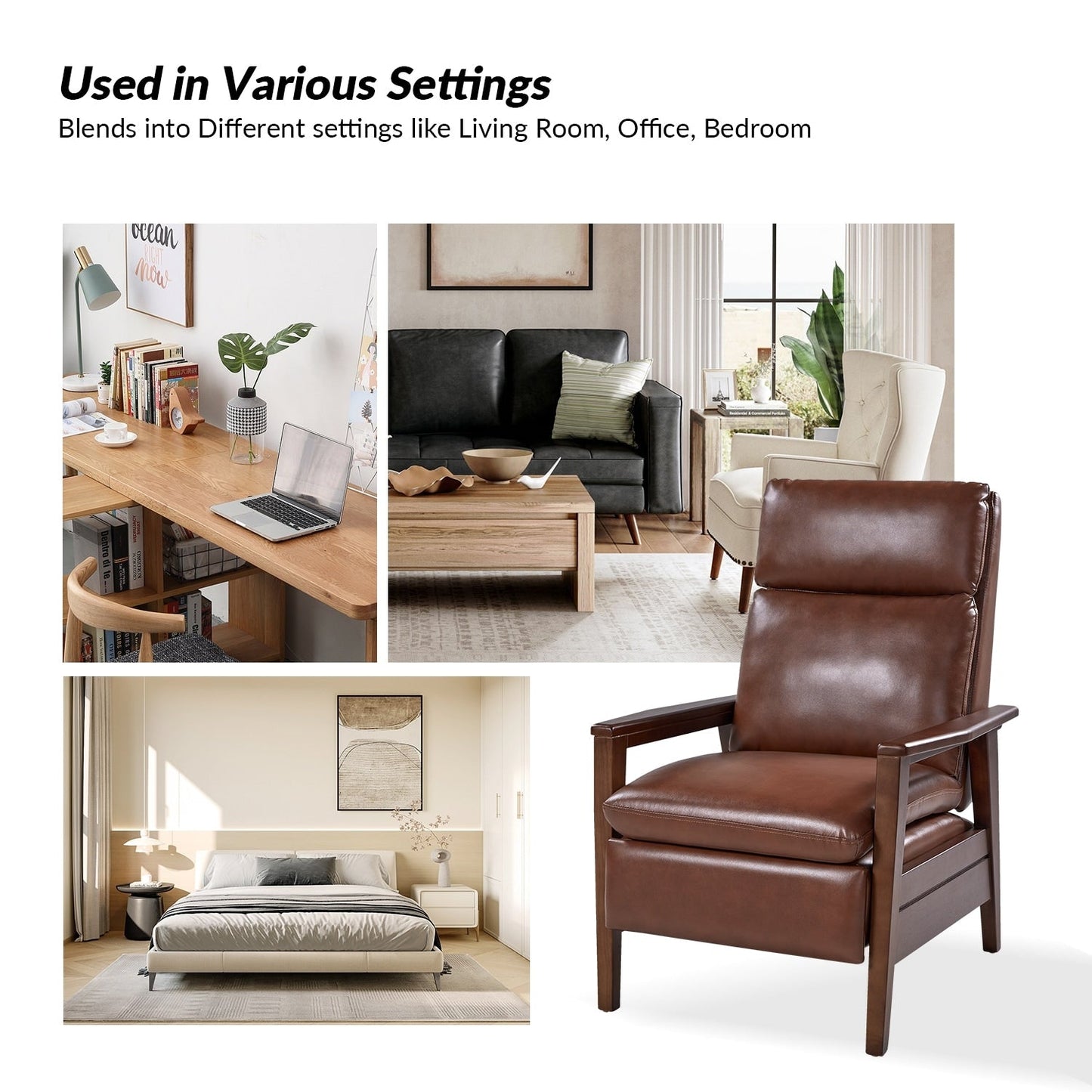 Fauteuil inclinable en cuir végétalien et bois massif Patrick, style milieu du siècle, par HULALA HOME