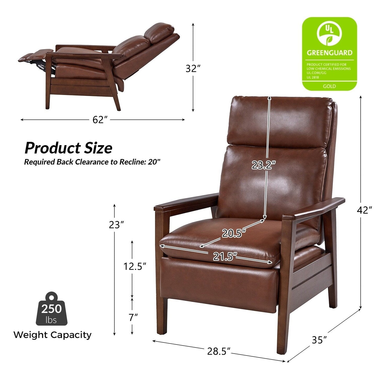Fauteuil inclinable en cuir végétalien et bois massif Patrick, style milieu du siècle, par HULALA HOME