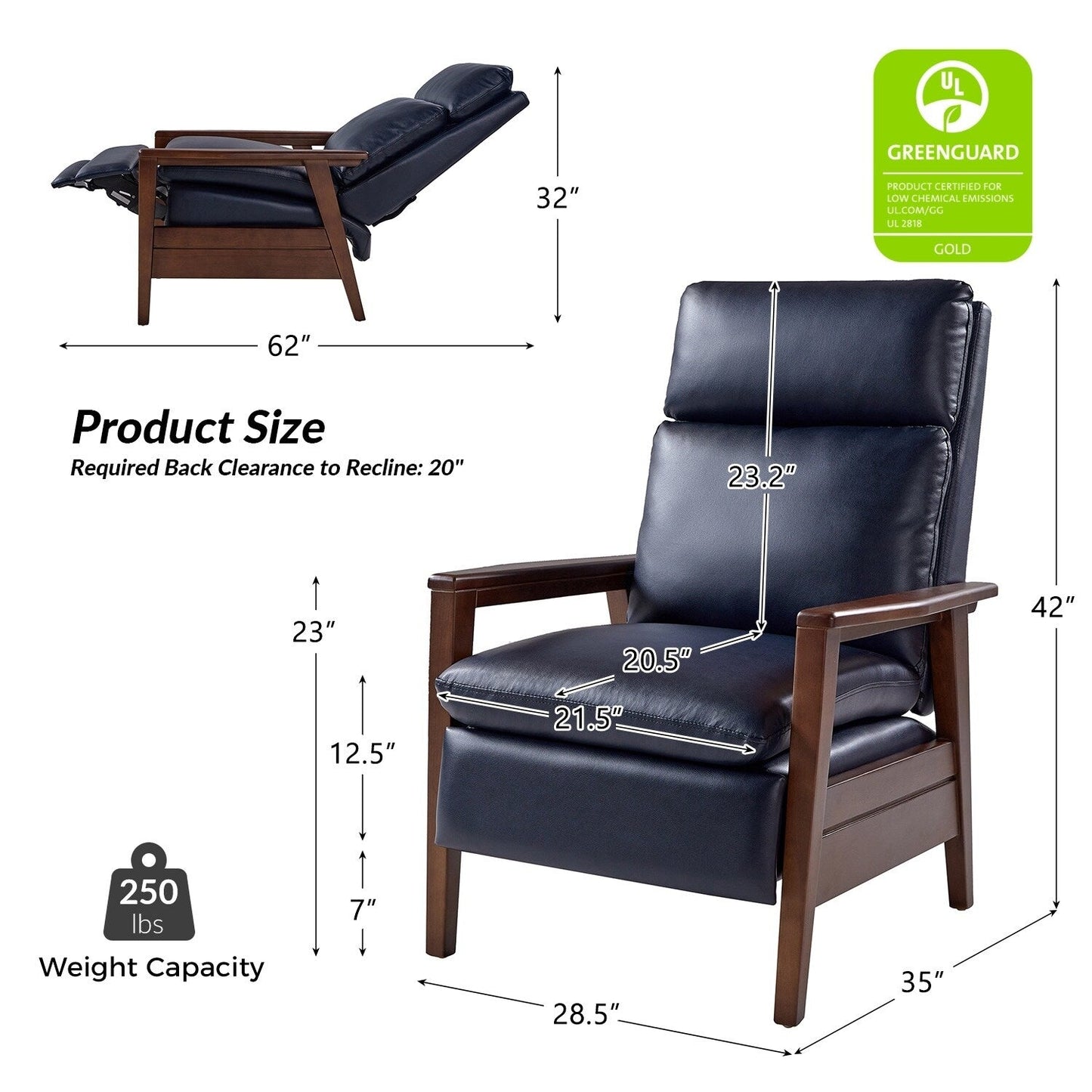 Fauteuil inclinable en cuir végétalien et bois massif Patrick, style milieu du siècle, par HULALA HOME