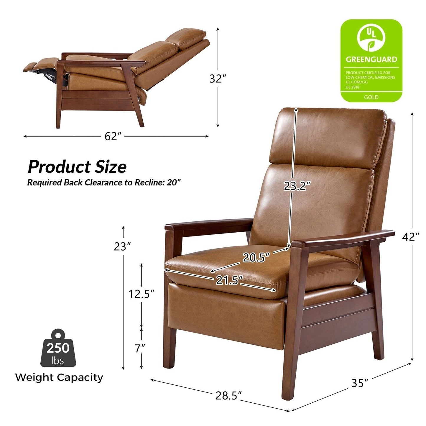 Fauteuil inclinable en cuir végétalien et bois massif Patrick, style milieu du siècle, par HULALA HOME