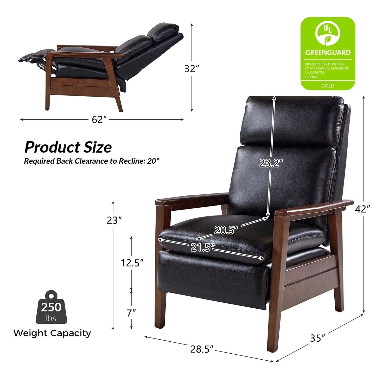 Fauteuil inclinable en cuir végétalien et bois massif Patrick, style milieu du siècle, par HULALA HOME