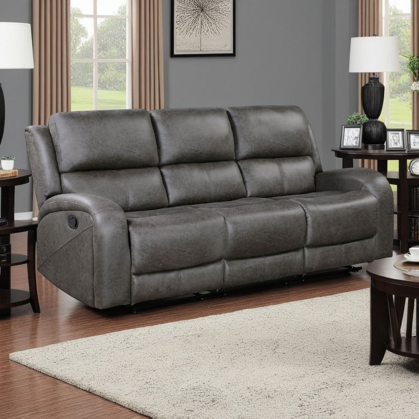 Canapé inclinable manuel double Patsy, microfibre polie grise, 85 pouces