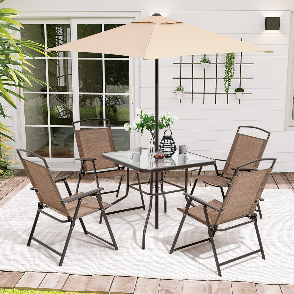 Ensemble de patio Pellebant 6 pièces avec table, parasol et 4 chaises pliantes – 22,4 l x 26,8 p x 34,4 h