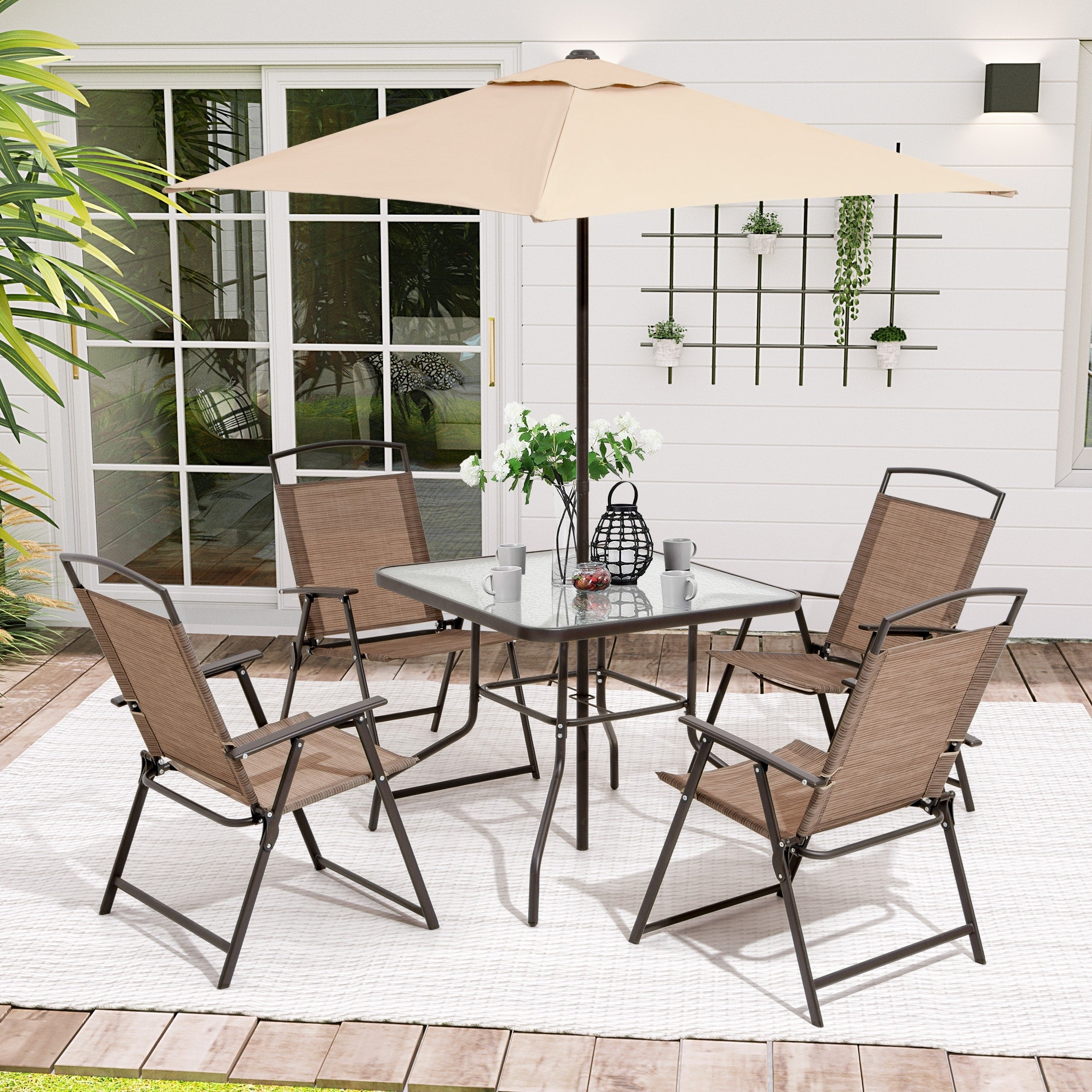 Ensemble de patio Pellebant 6 pièces avec table, parasol et 4 chaises pliantes – 22,4 l x 26,8 p x 34,4 h