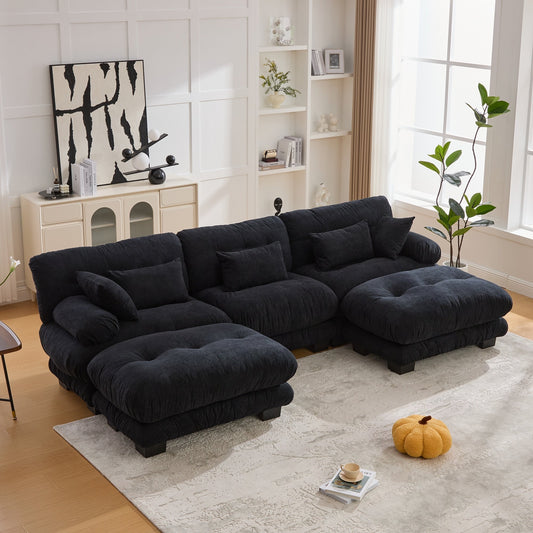 Canapé nuage en velours granulé en forme de U avec 2 poufs, canapé confortable 3 places combiné gratuit avec accoudoirs et coussins traversins