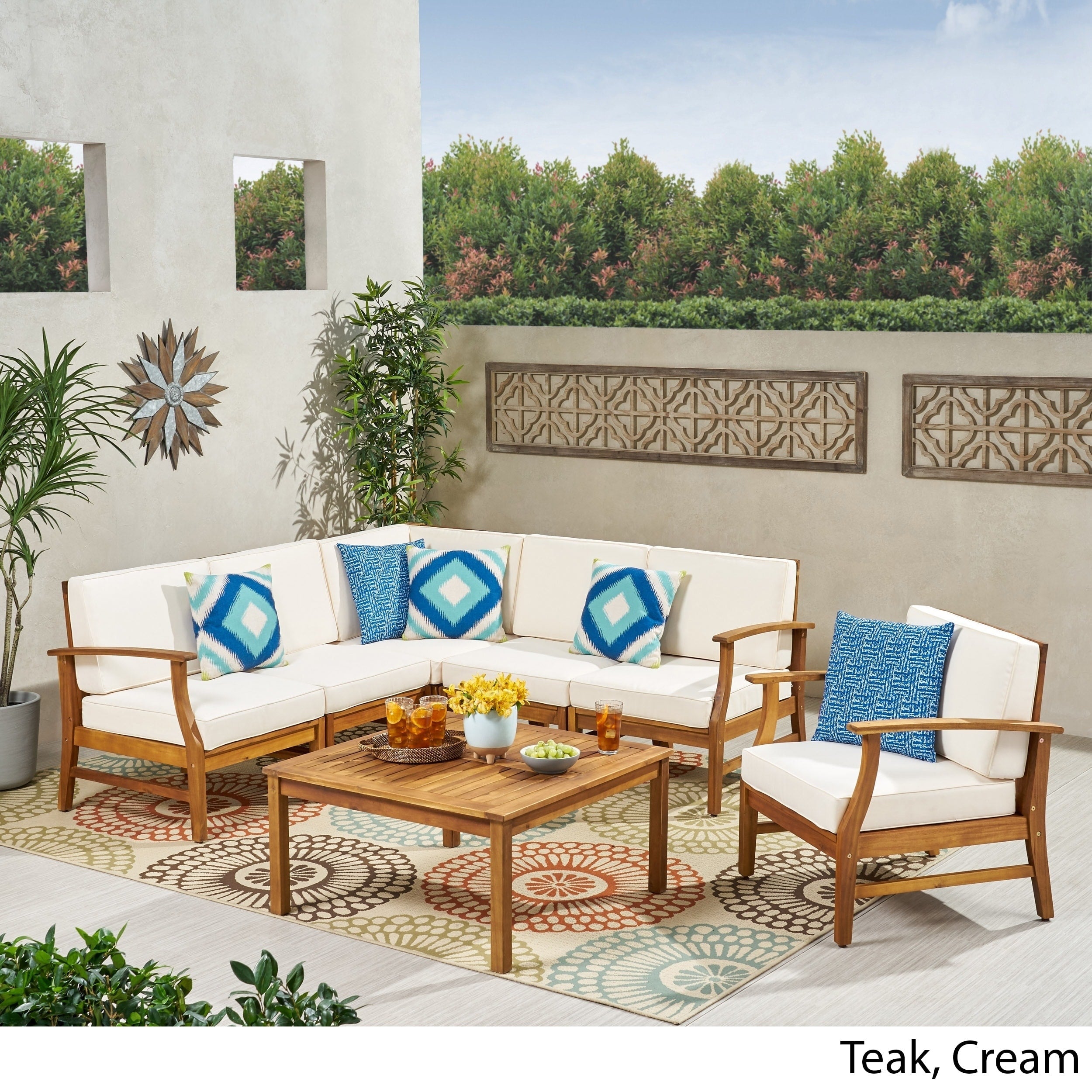 Ensemble de canapés d'extérieur Perla en bois d'acacia 7 pièces avec coussin par Christopher Knight Home