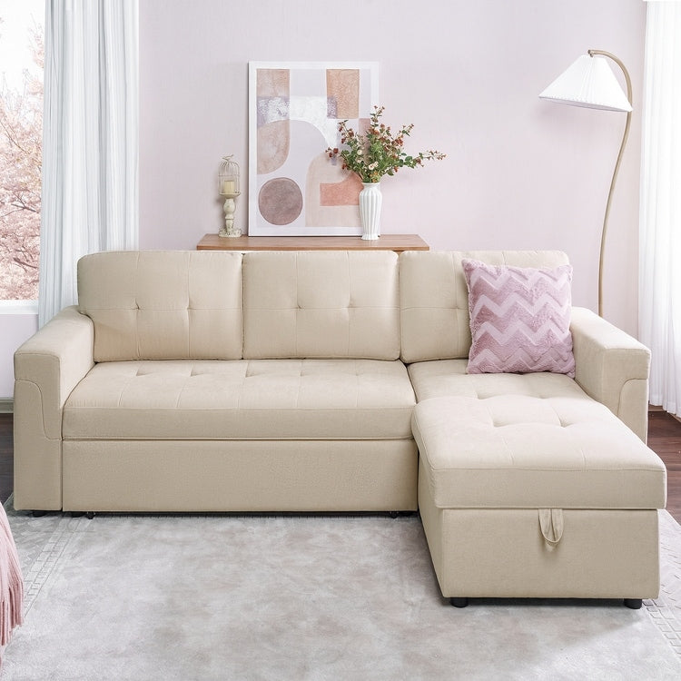Canapé sectionnel réversible avec lit gigogne, méridienne de rangement dissimulée, pieds durables,
