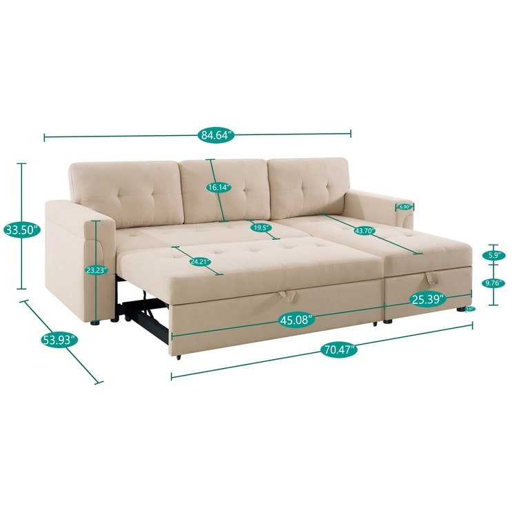 Canapé sectionnel réversible avec lit gigogne, méridienne de rangement dissimulée, pieds durables,