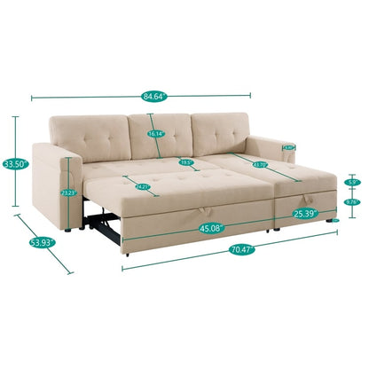Canapé sectionnel réversible avec lit gigogne, méridienne de rangement dissimulée, pieds durables,