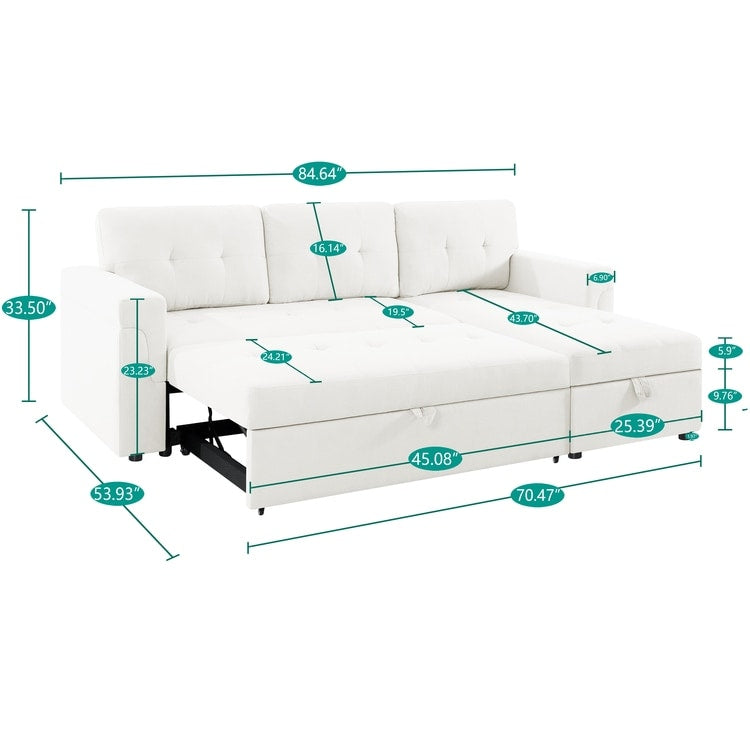 Canapé sectionnel réversible avec lit gigogne, méridienne de rangement dissimulée, pieds durables,