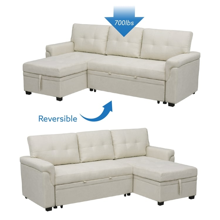 Canapé sectionnel réversible avec lit gigogne, méridienne de rangement dissimulée, pieds durables,
