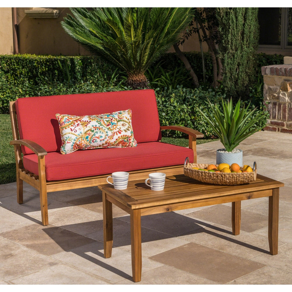 Ensemble causeuse et table d'extérieur Peyton en bois d'acacia avec coussins par Christopher Knight Home