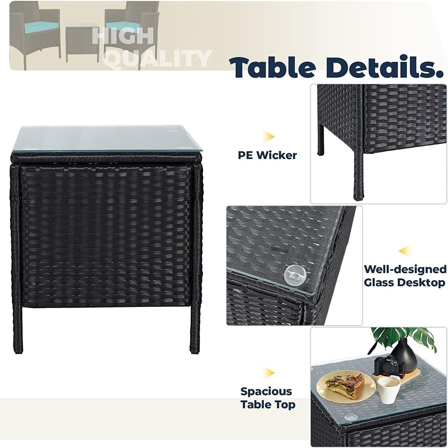 Ensemble de bistrot d'extérieur 3 pièces en osier rembourré Pheap par Havenside Home