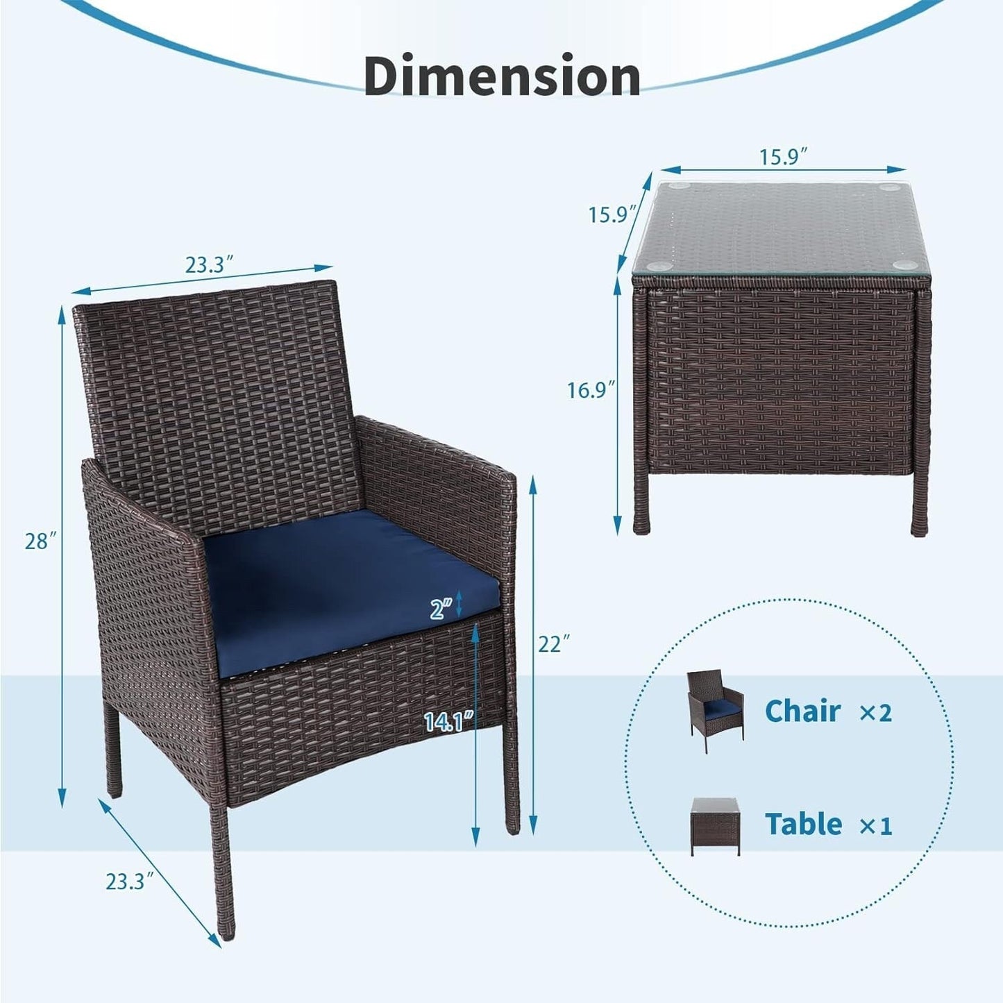 Ensemble de bistrot d'extérieur 3 pièces en osier rembourré Pheap par Havenside Home