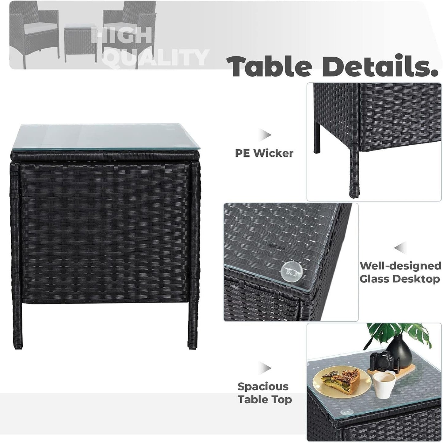 Ensemble de bistrot d'extérieur 3 pièces en osier rembourré Pheap par Havenside Home