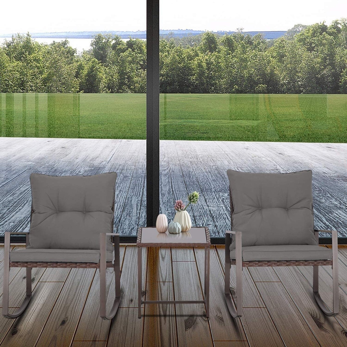 Ensemble bistrot à bascule 3 pièces en osier noir/marron Pheap pour patio extérieur par Havenside Home