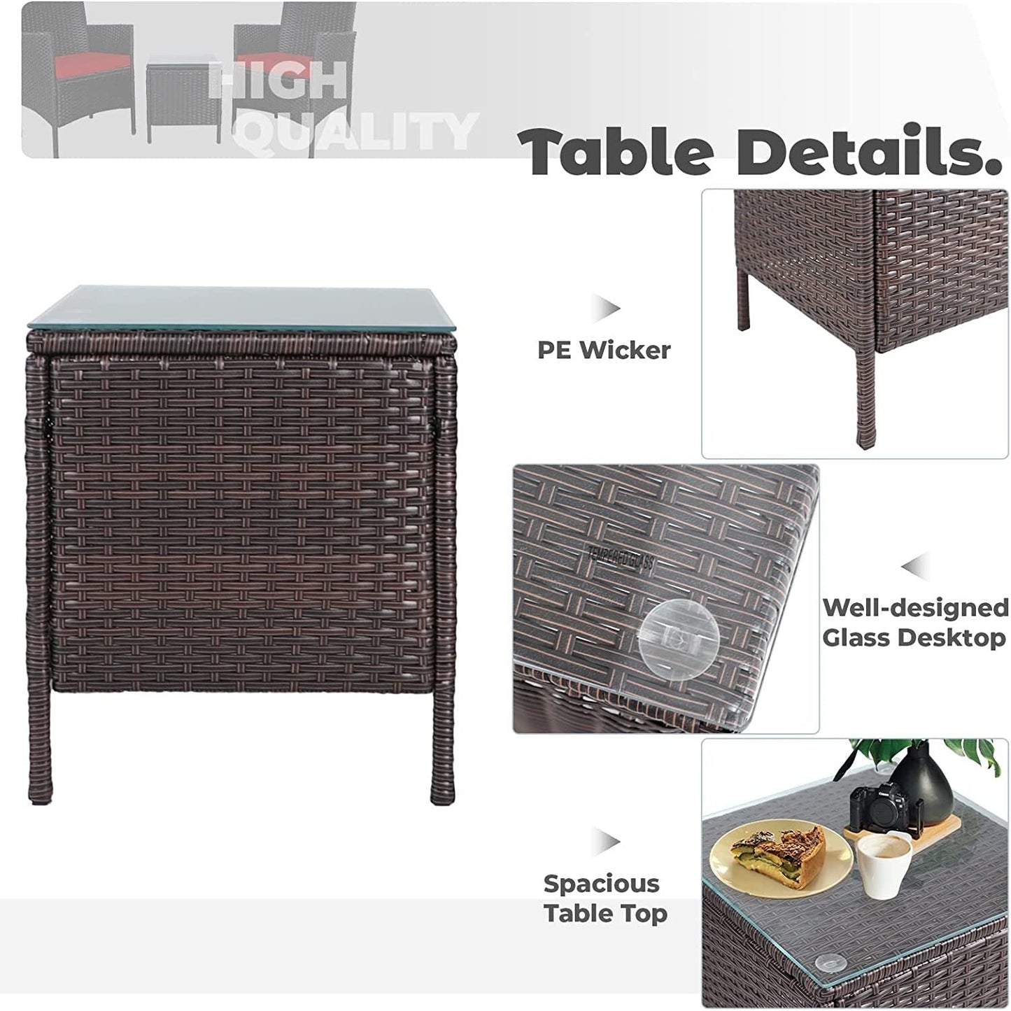 Ensemble de bistrot d'extérieur 3 pièces en osier rembourré Pheap par Havenside Home
